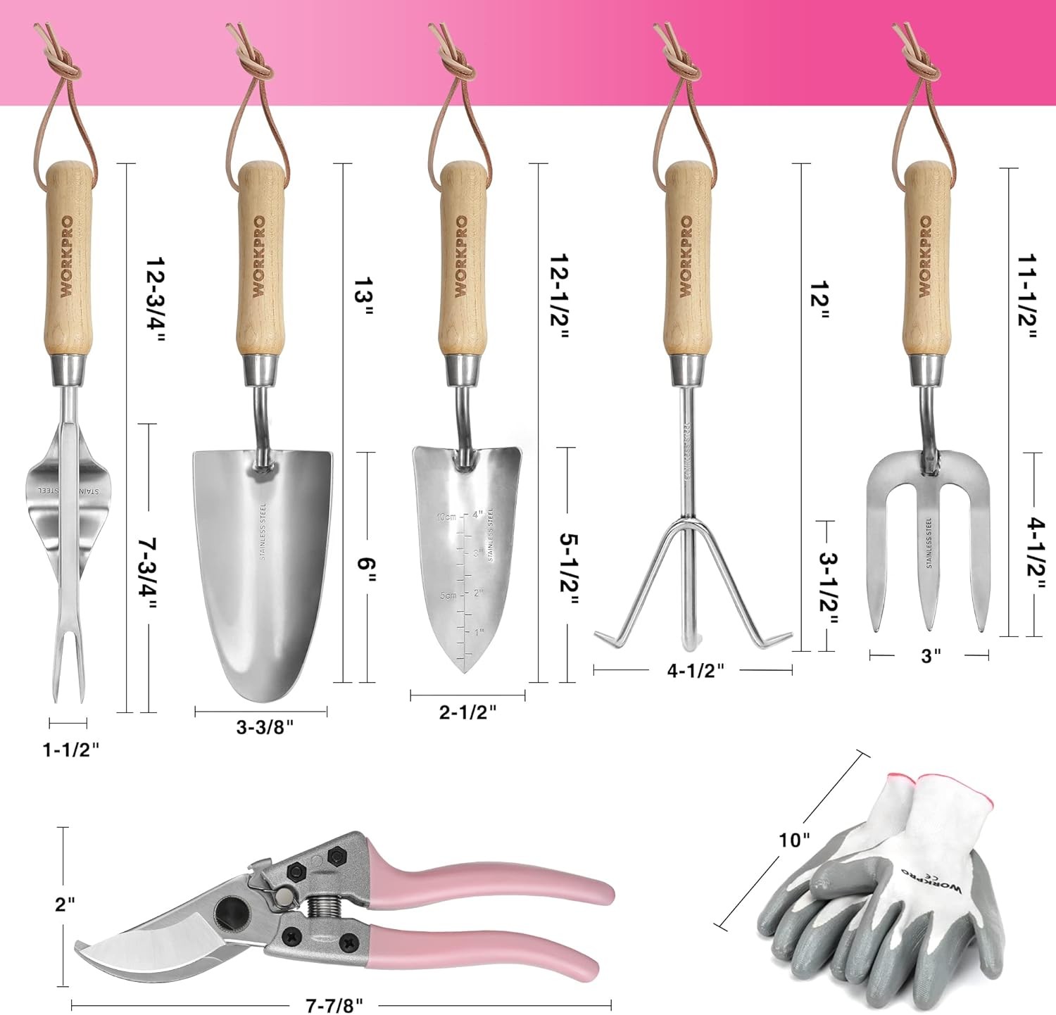 WORKPRO 8-Piece Pink Garden Tool Set Stainless Steel Gardening Tools Pink Ribbon