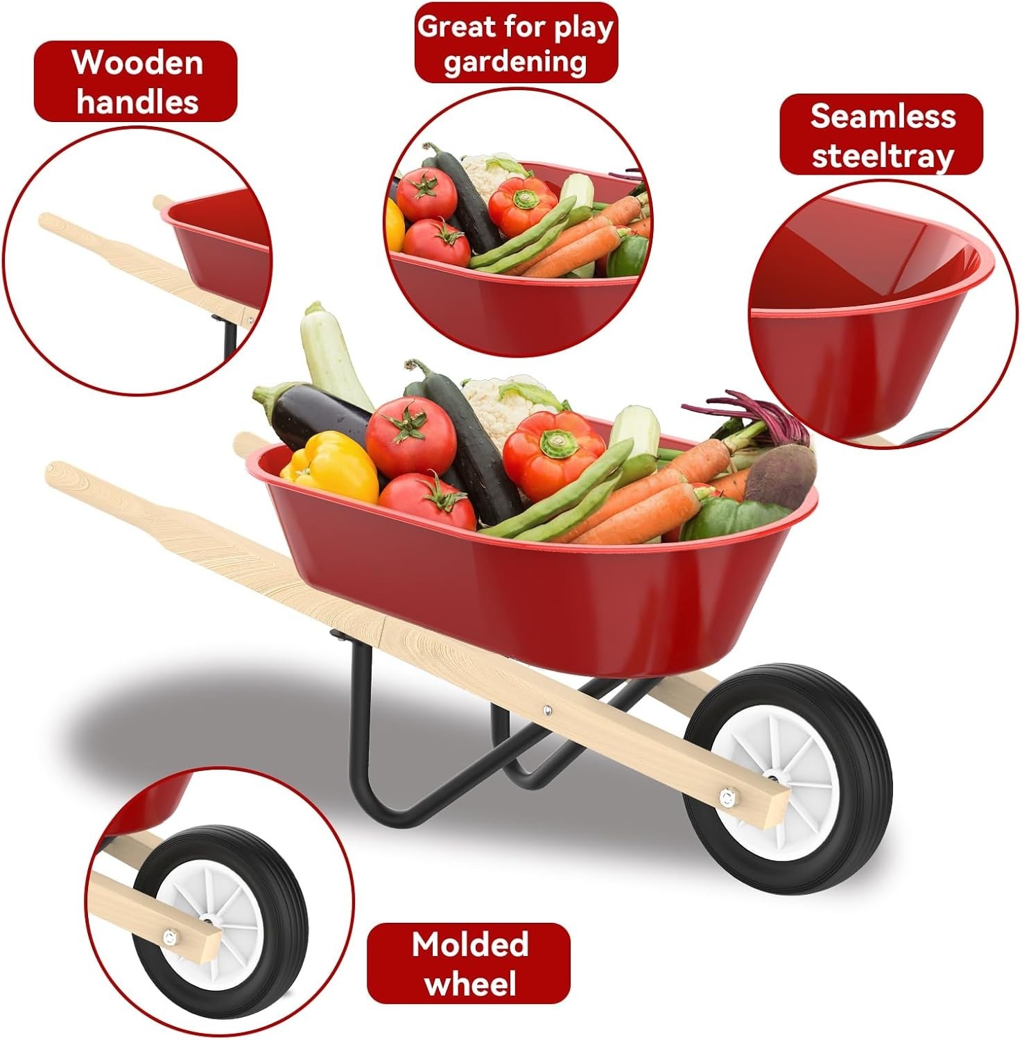 Kids Gardening Wheelbarrow Set, Metal & Wooden Garden Tools for Kids Ages 3-8…