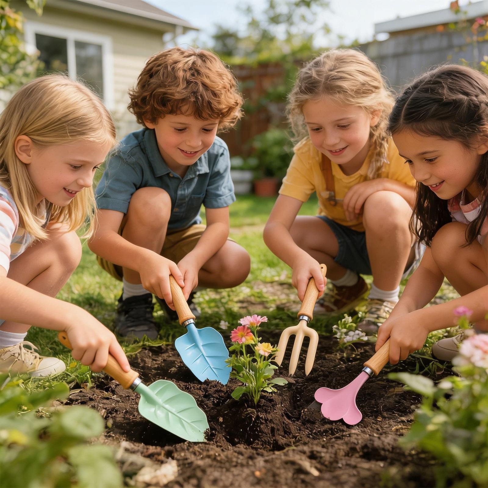 Kids Gardening Tools 4 Piece Leaf Shape with Wooden Handle Shovel Rake