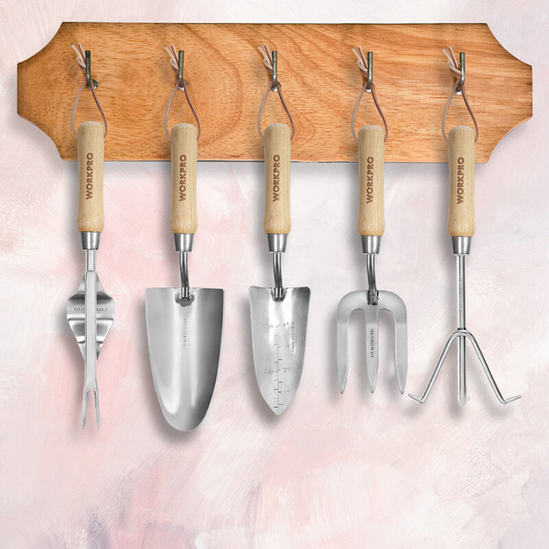 WORKPRO Pink Garden Tool Set 7PC Stainless Steel Heavy Duty Tool w/Wooden Handle