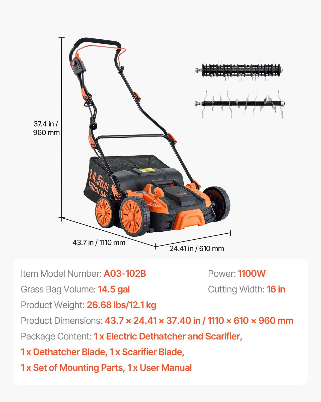 2-in-1 Electric Dethatcher and Scarifier, 16-Inch 15 Amp, Corded Lawn Dethatcher