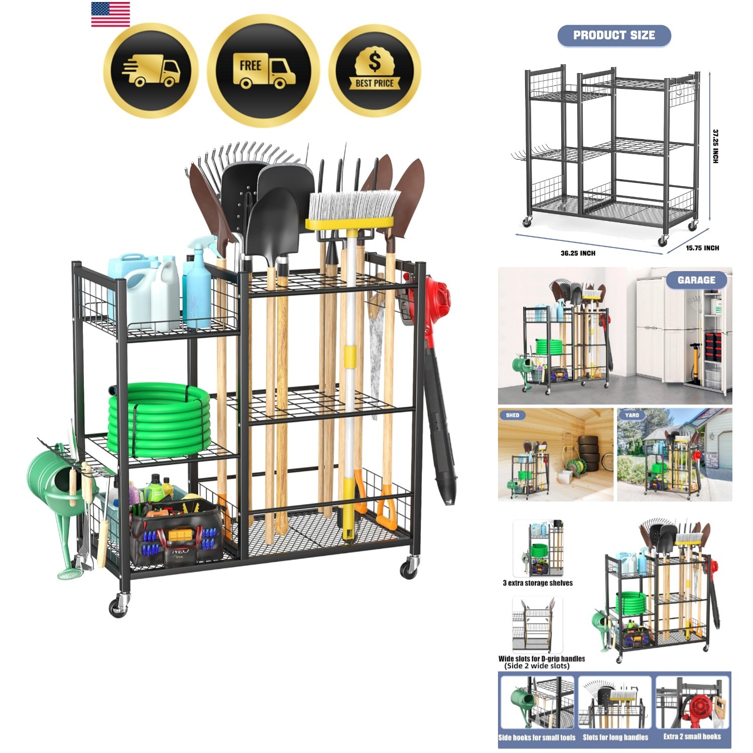 Large Garden Tool Organizer with Wheels for Garage, Rakes/Shovels/Yard Tools …