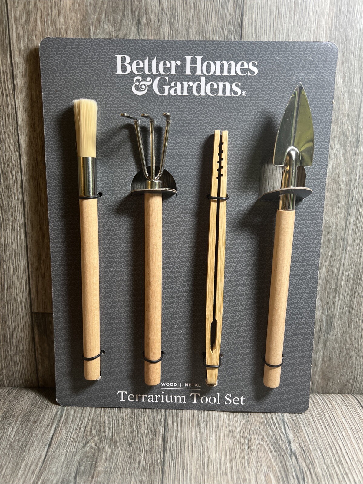 Better Homes & Gardens Terrarium Tool Set Wood Metal Rake Shovel Brush Tweezers