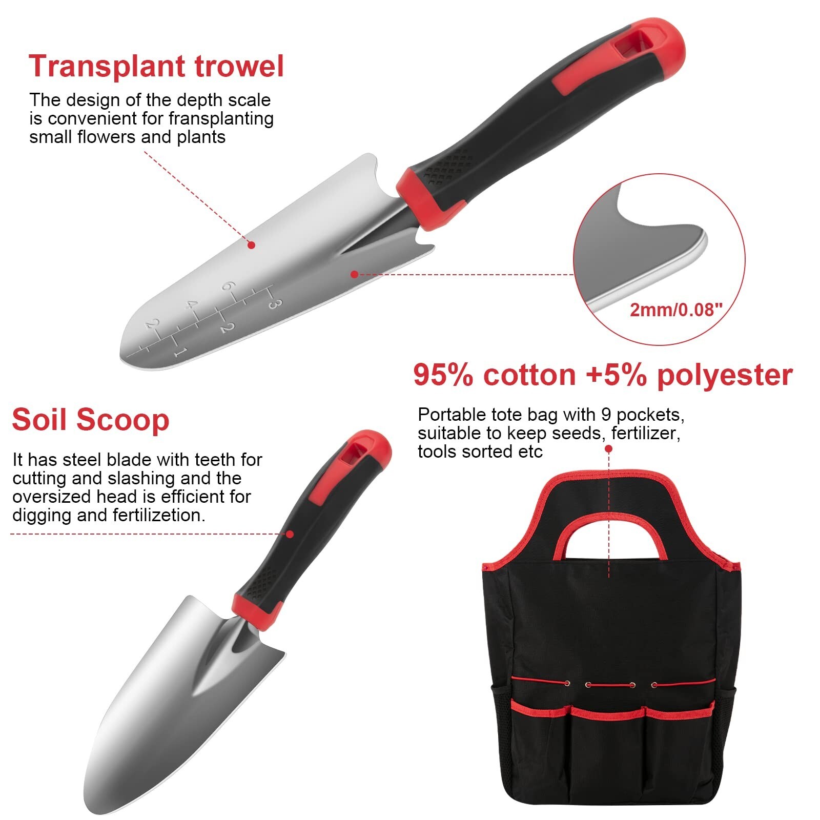 9x Gardening Tool Set Heavy Duty Non Slip Rubber Grip, Storage Tote Bag Gift Kit