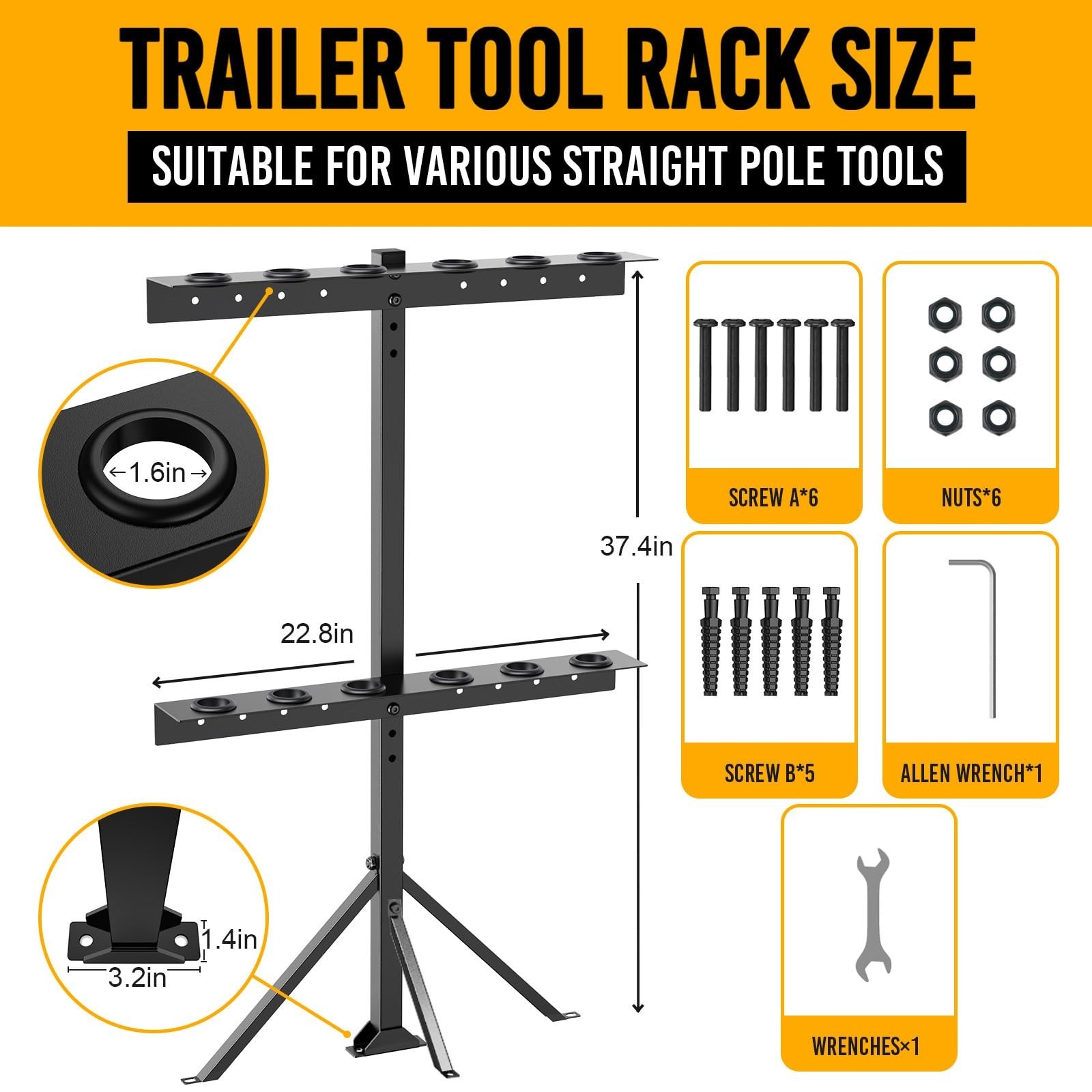 Utility Trailer Tool Rack with 6 Rubber Holes with Brackets , Dark Black