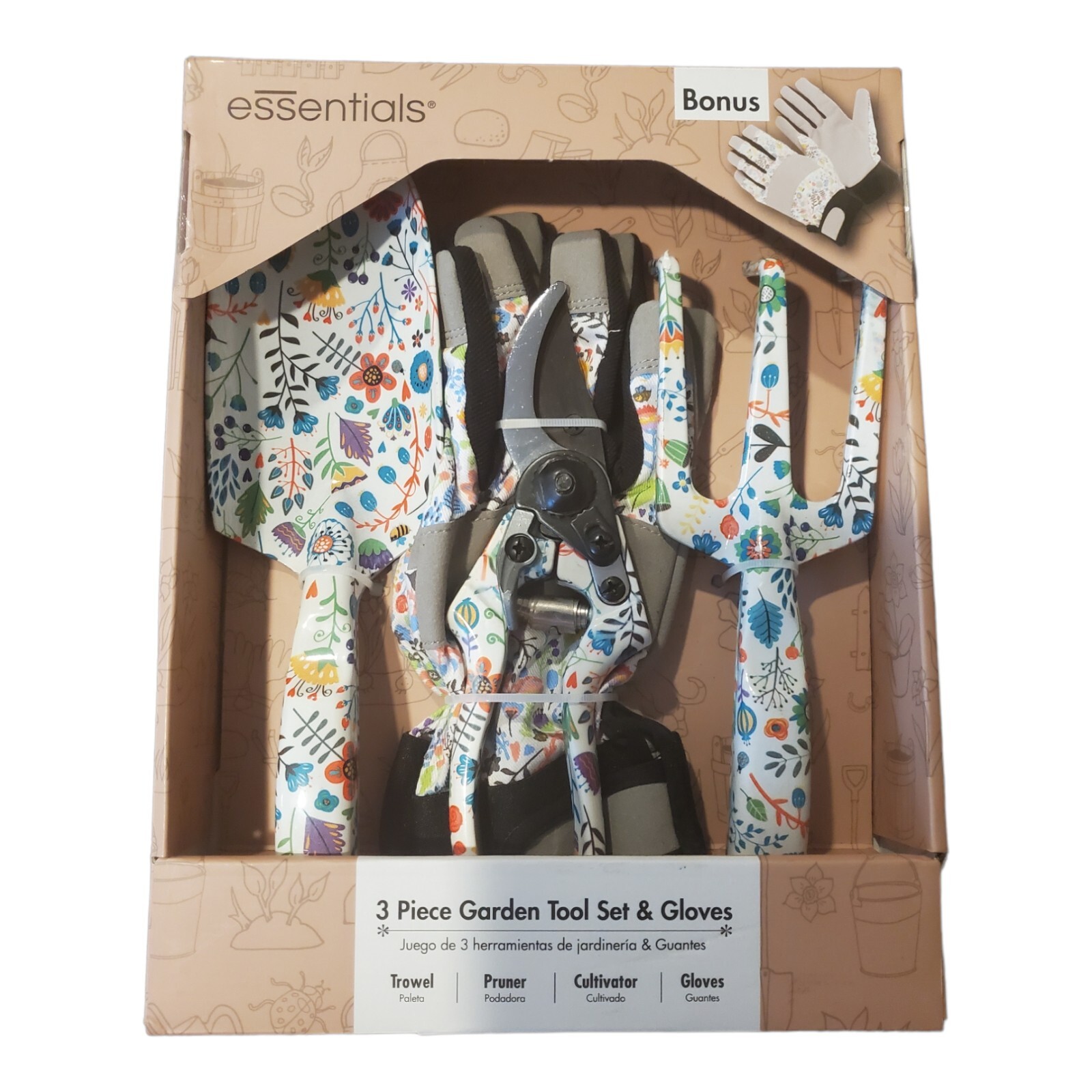 3-piece Garden Tools Set Bonus Gloves Trowel Pruner Cultivator Gloves Floral NWT