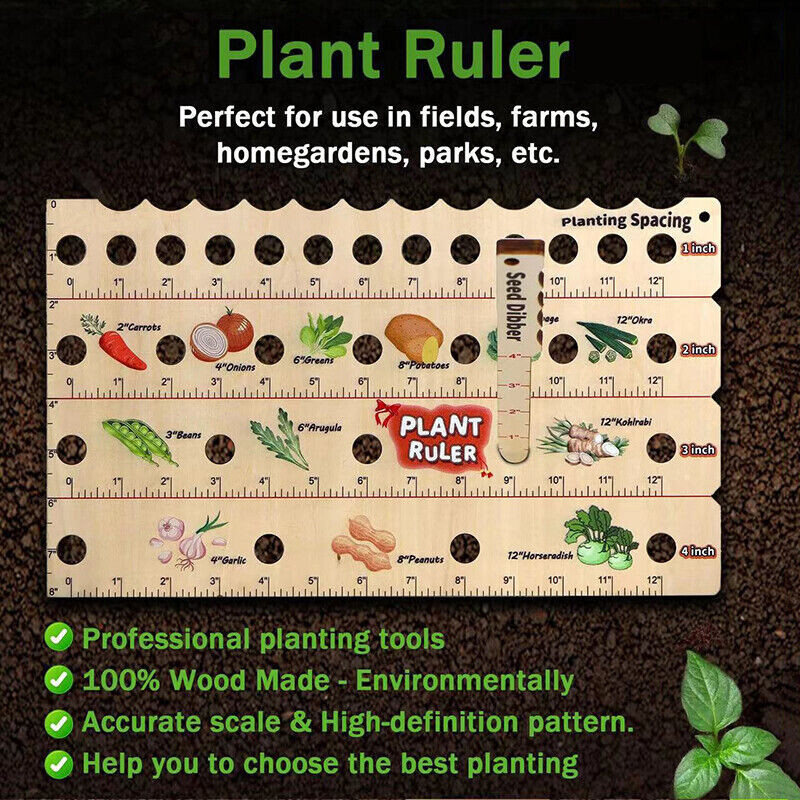 Wooden Plant Spacer Ruler With Seed Dibber Tool Planting Gardening