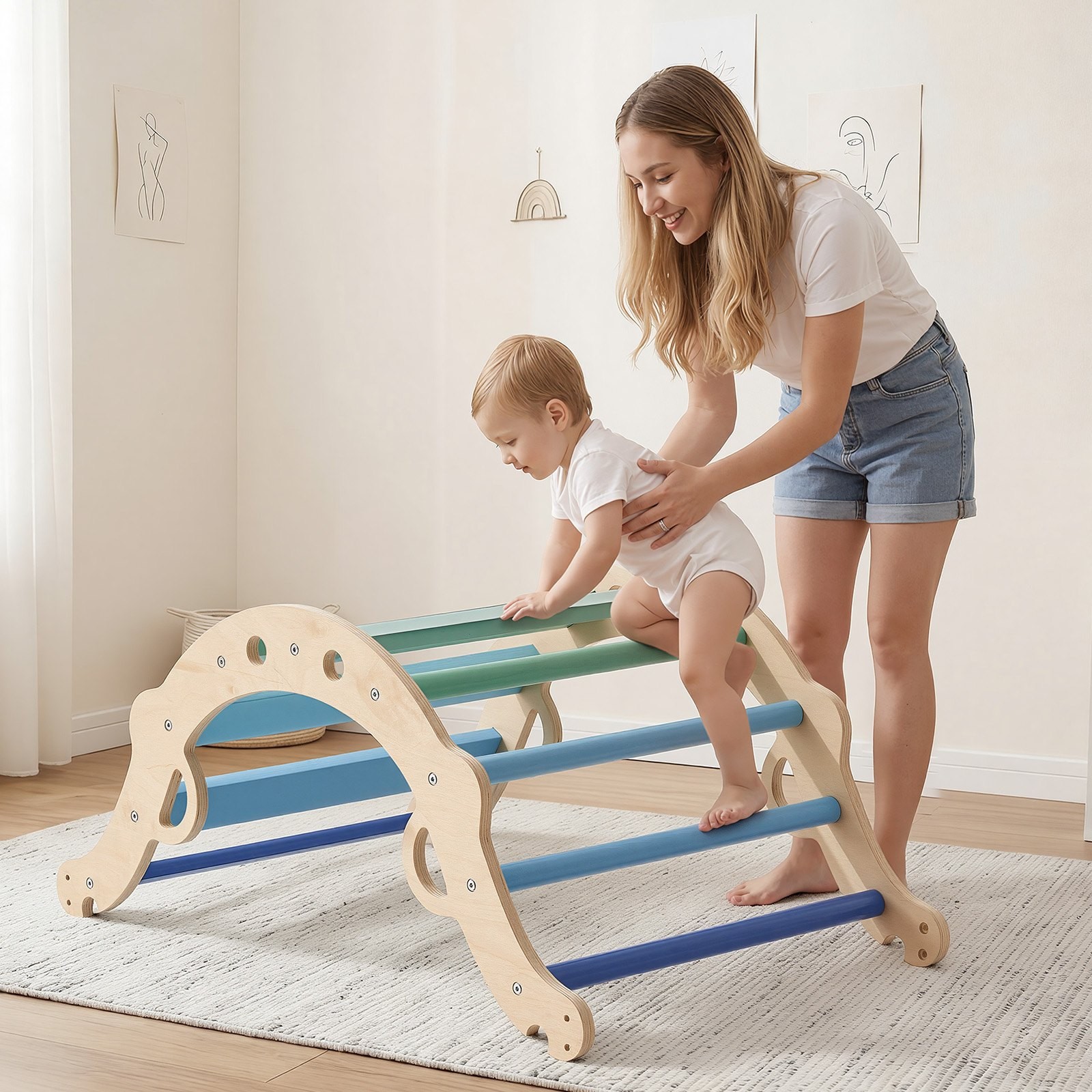 Pikler Triangle Set, 9-in-1 Toddler Climbing Toys Indoor, with 2 Wooden Cars, Cu