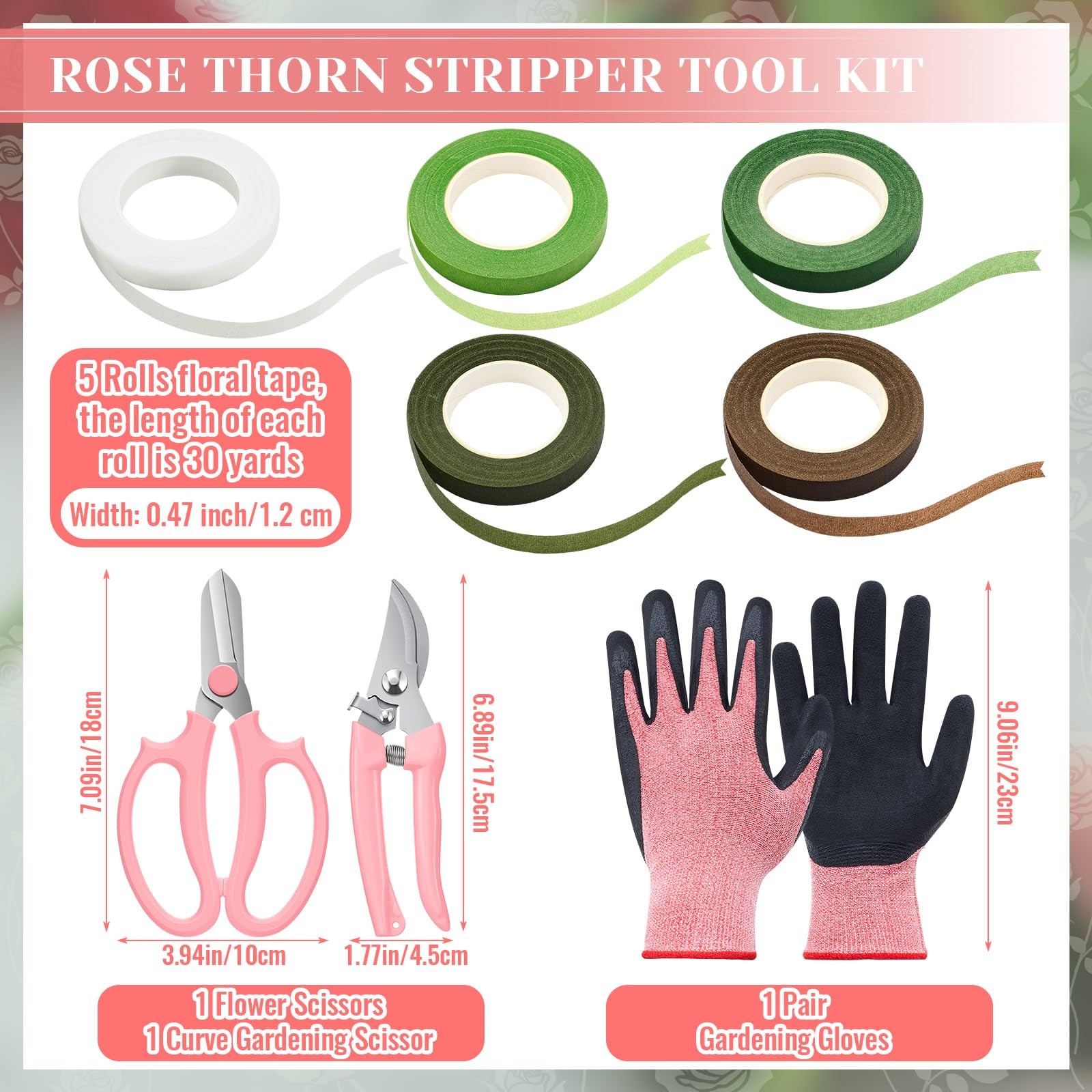 Rose Thorn Remover Set, 9pcs Gardening Tools, Gloves, Pink