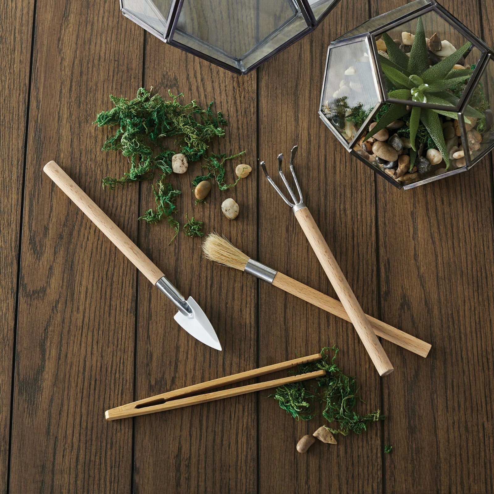 Better Homes & Gardens Terrarium Tool Set Wood Metal Rake Shovel Brush Tweezers