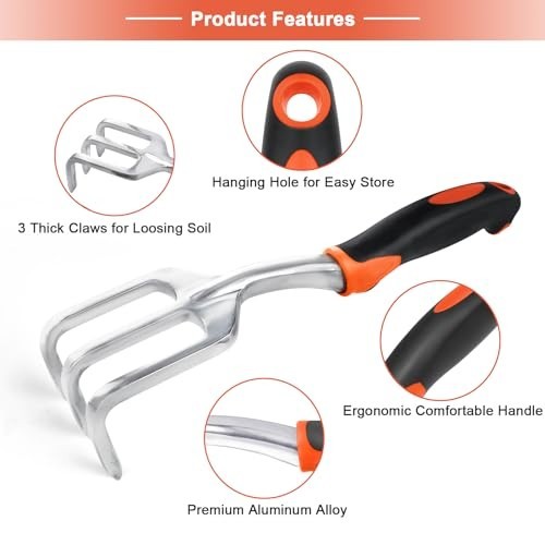 Hand Rake Cultivator 3 Claw Aluminum Alloy Ergonomic Grip Garden Tool for