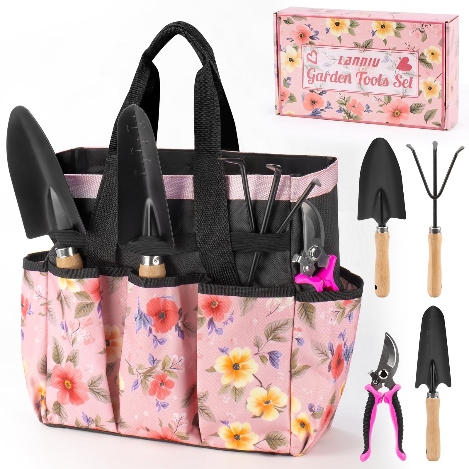 Pink Gardening Tool Set 5 Piece Kit with Floral Bag Perfect Gift for Women