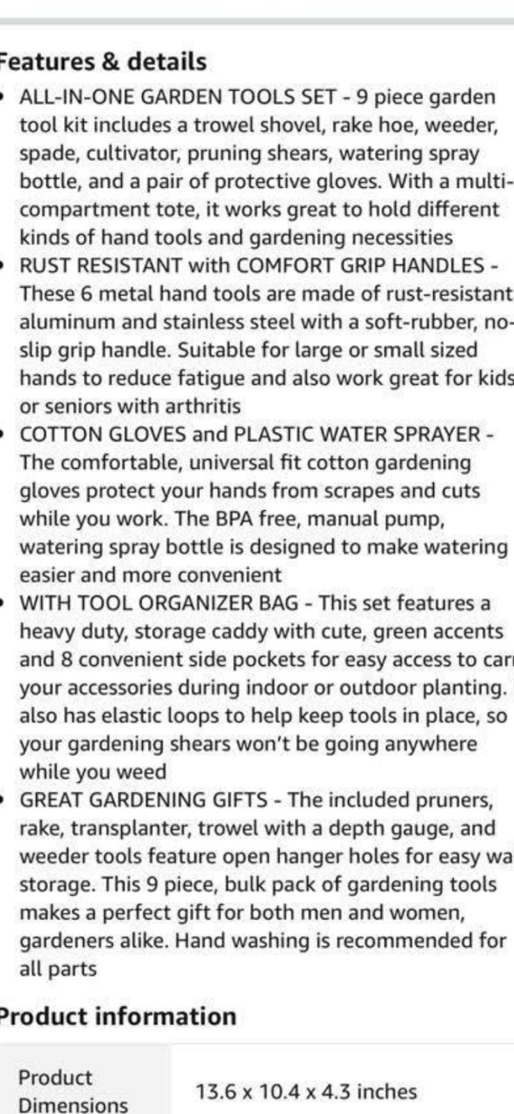 9 Pc Gardening Tool set W/ Gloves & Garden Tote Trowel Pruners & More