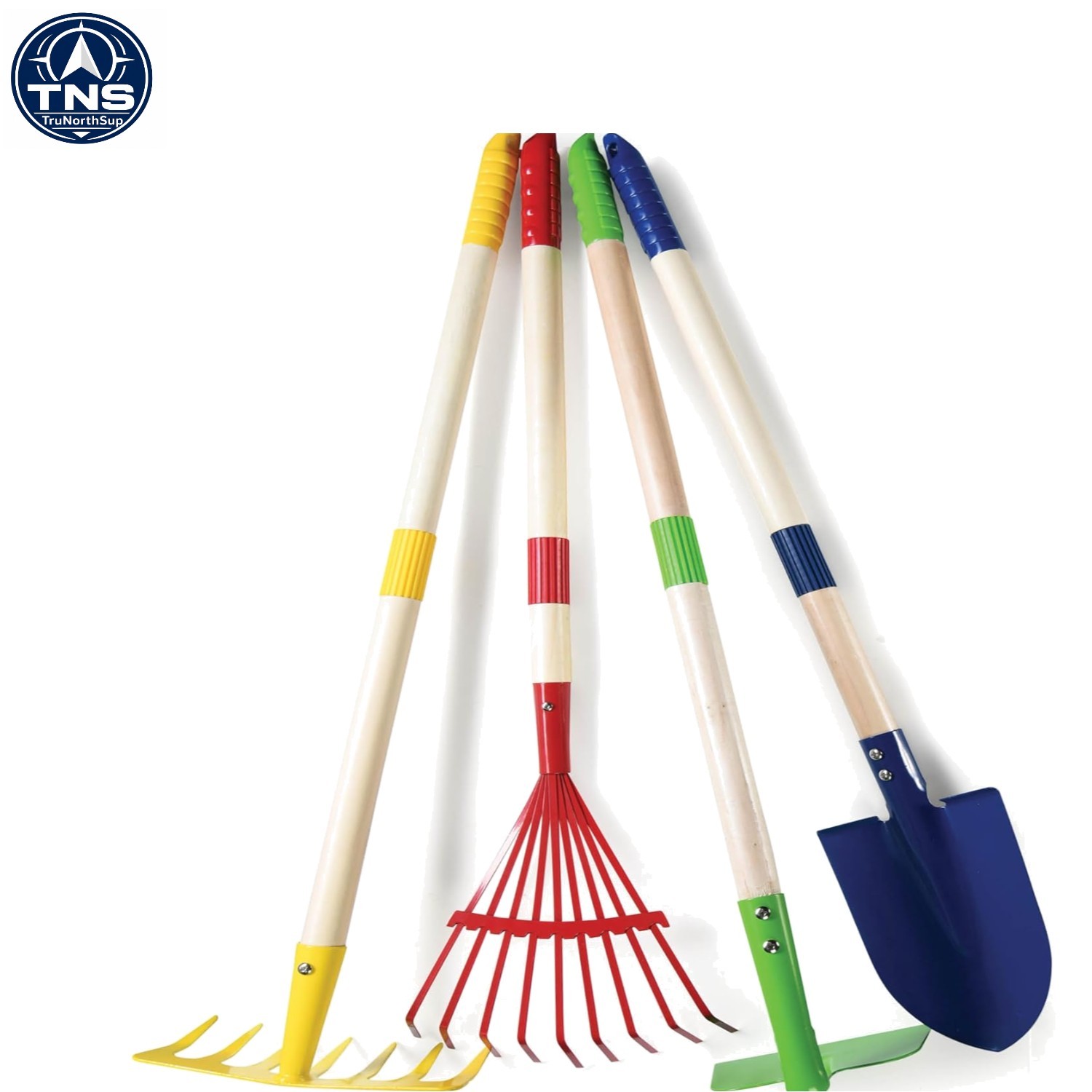 Kids Garden Tool Set Toy 4-Piece Shovel Rake Hoe Leaf Rake Wooden Gardening T…