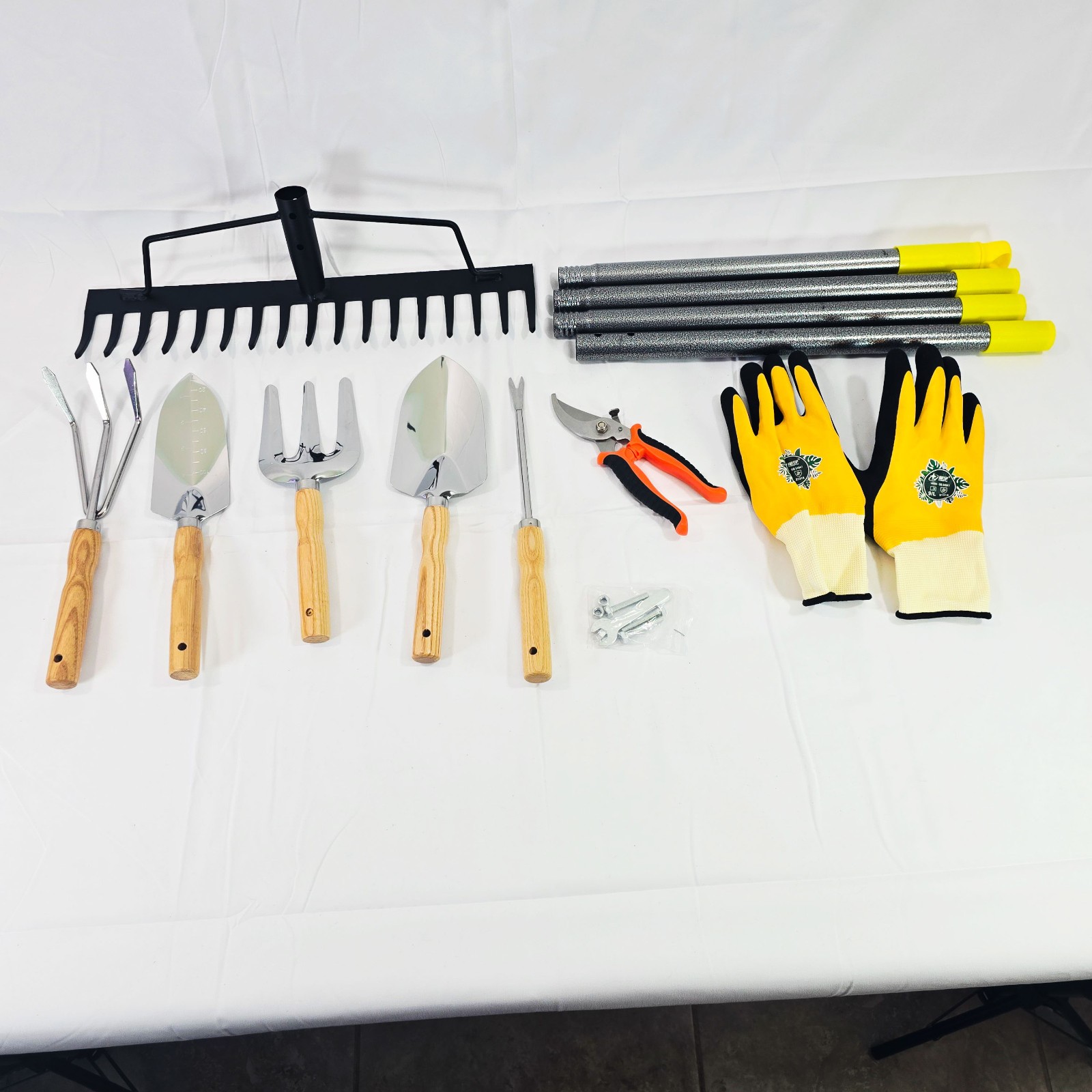10Pc Garden Tool Set Wood Handle Kit Rake Trowel Weeder Pruners Gloves Yard Tool