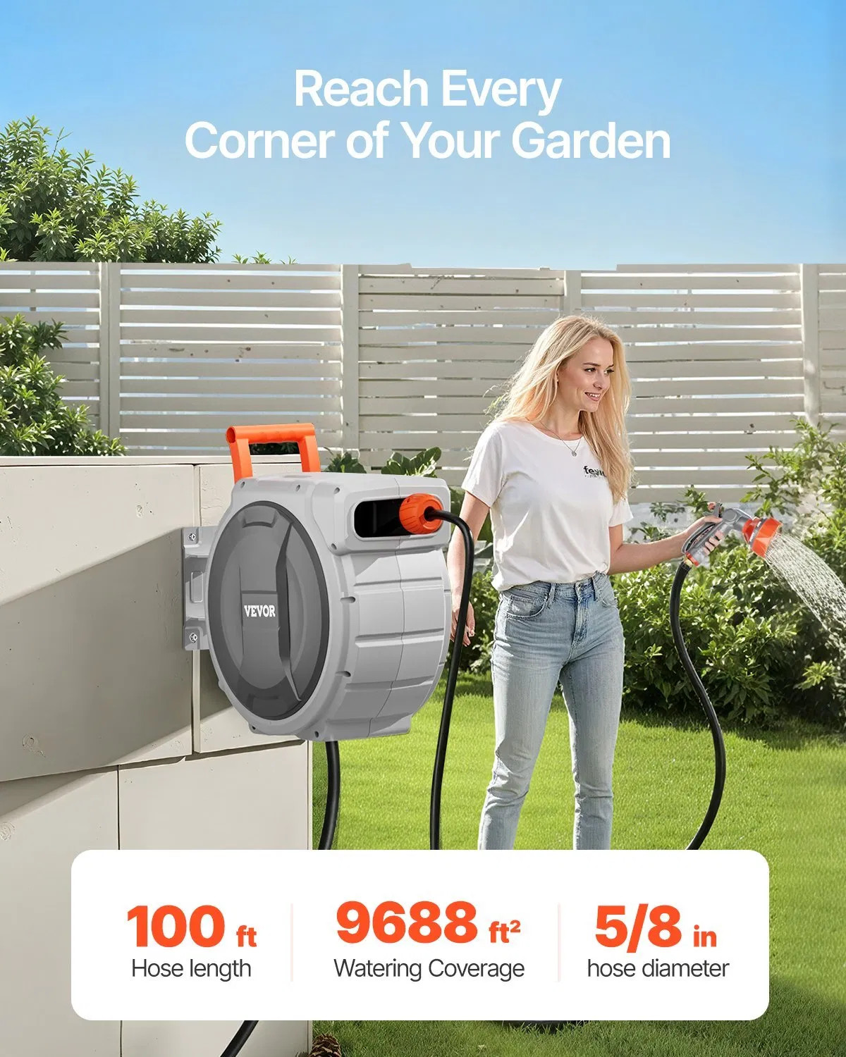 Retractable Garden Hose Reel, 5/8 Inch x 100 ft Wall Mounted Hose Reel, Heavy D