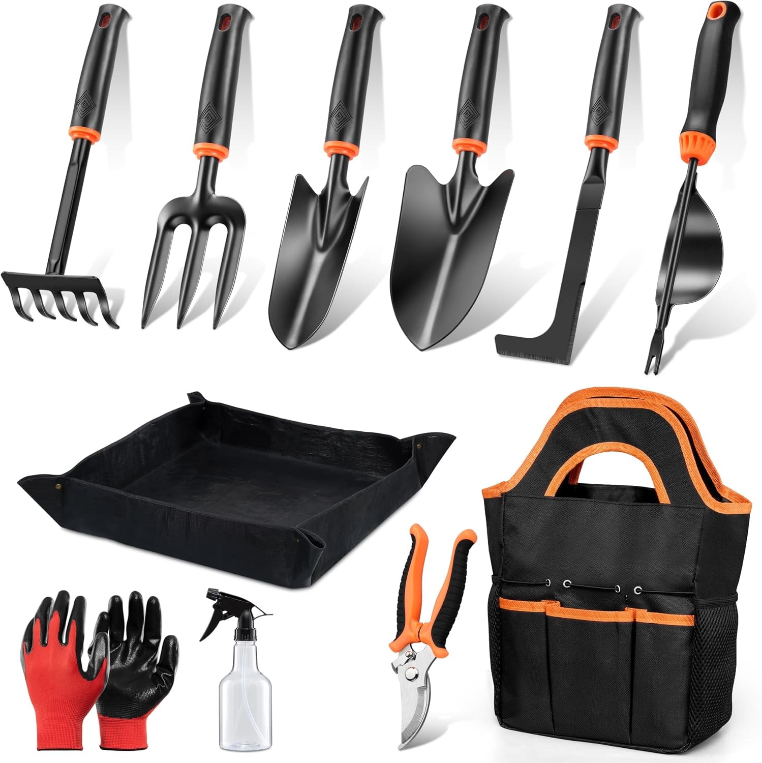 HaSteeL 11-Pc Garden Tool Set w/Tote, Mat, Trowel, Rake, Pruner