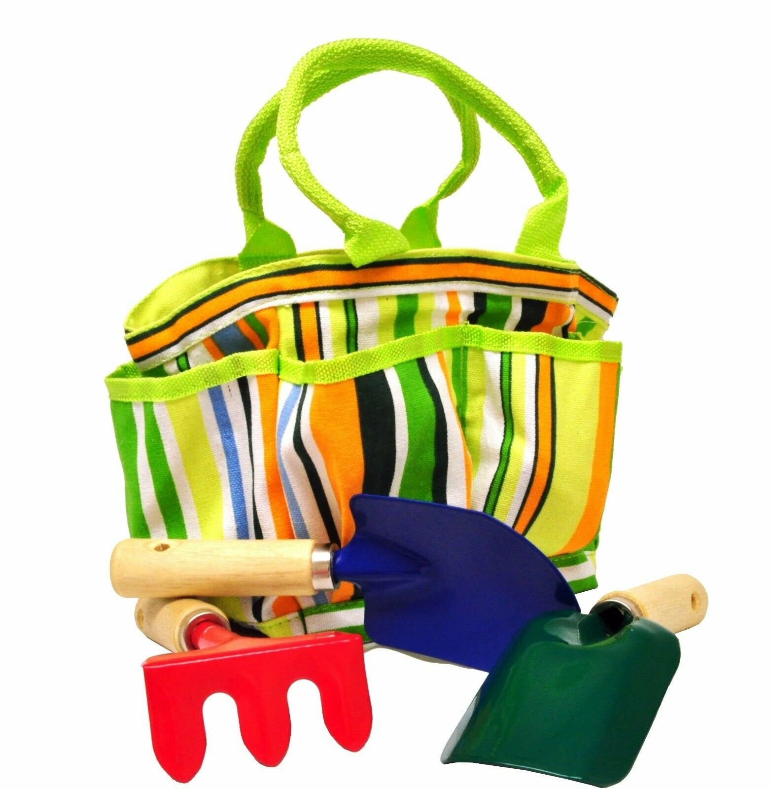 G & F 10012 JustForKids Garden Tools Set w/ Tote Shovel Trowel Rake 4 Pieces