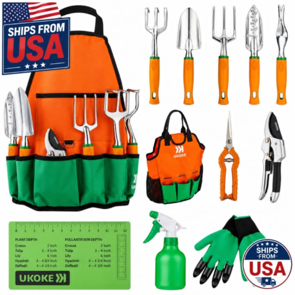 12PCS Garden Tool Set Aluminum Hand Tools Kit with Apron Storage Pocket USA