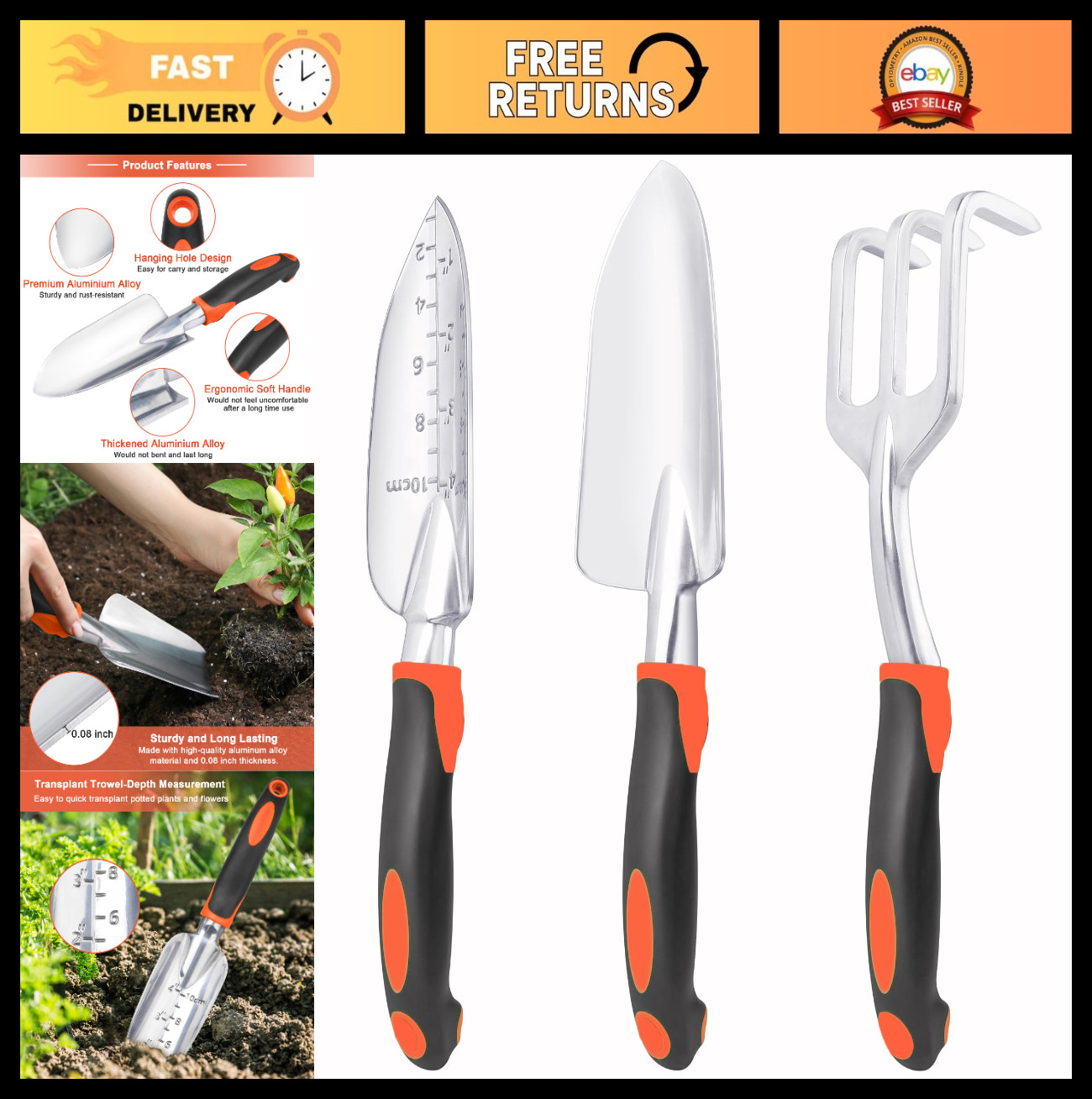Heavy Duty Garden Tools Set – 3 Pack Shovel, Trowel & Rake, Ergonomic Handles, A