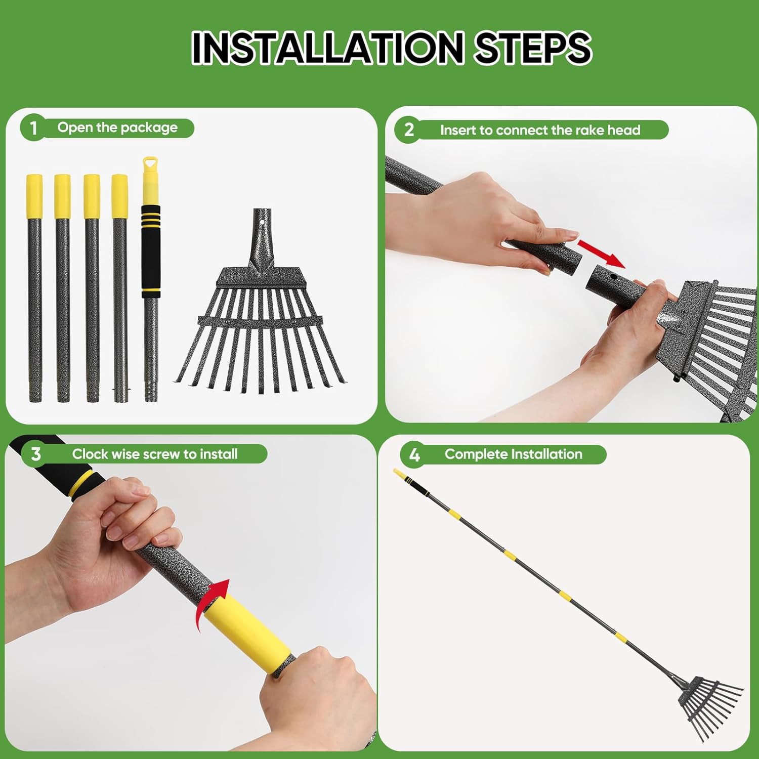 Rack for Yard Lawn Shrub clean Leaves 11 Metal Tines with 30″ ~ 72″ Long handle