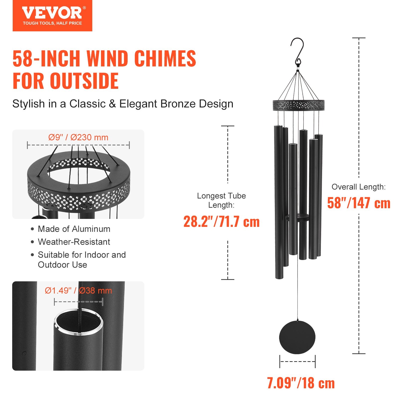 Wind Chimes for Outside,58 in,Deep Tone Wind Chimes with 6 Tubes,Unique Large Me