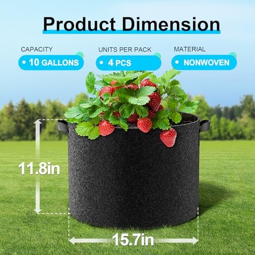 Land Guard 10 Gallon Fabric Grow Bags 4-Pack Nonwoven Garden Pots with Handles