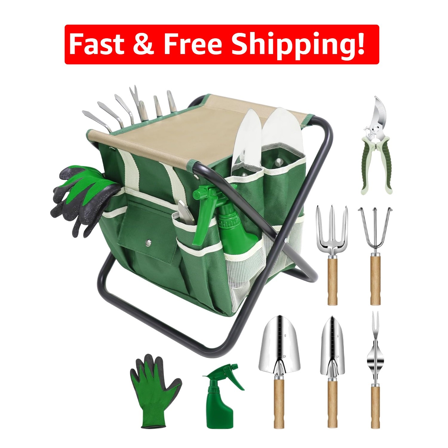 10-Piece Garden Tool Set with Folding Stool & Tote – Gifts for Gardeners
