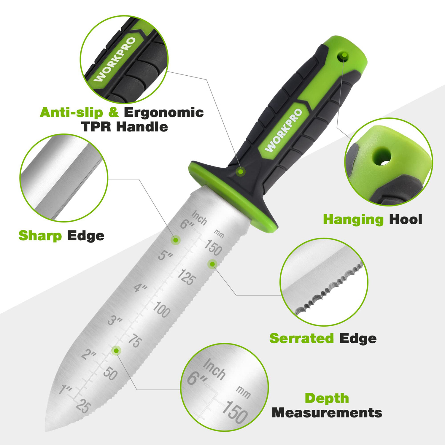 WORKPRO 7 Inch Hori Hori Garden Knife Garden Tools with Oxford Sheath Green New