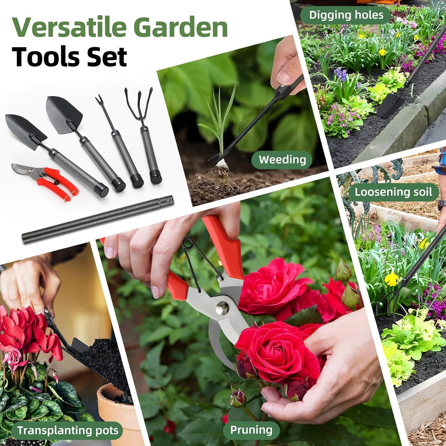 Garden Tool Set, 5Pcs Garden Tools with Extensions, Heavy Duty Rustproof Metal G