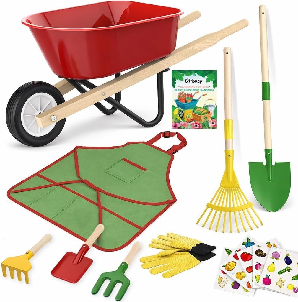 Kids Gardening Wheelbarrow Set, Metal & Wooden Garden Tools for Kids Ages 3-8…