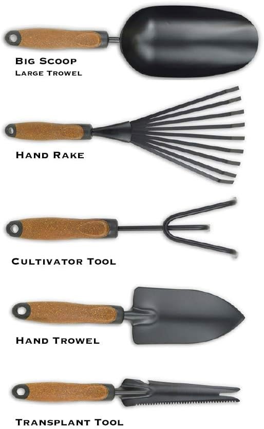 Olmsted Forge Garden Tool Set, 5 Pieces, Heavy Duty Powder Coated Steel, Cork