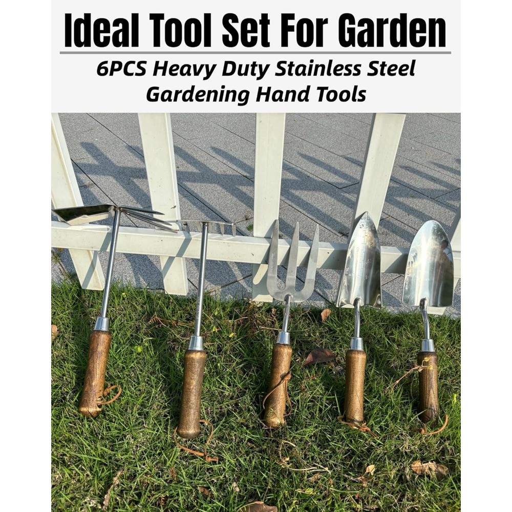 Garden Tool Set 6PCS, Heavy Duty Stainless Steel Hand Tools with Rope Handles