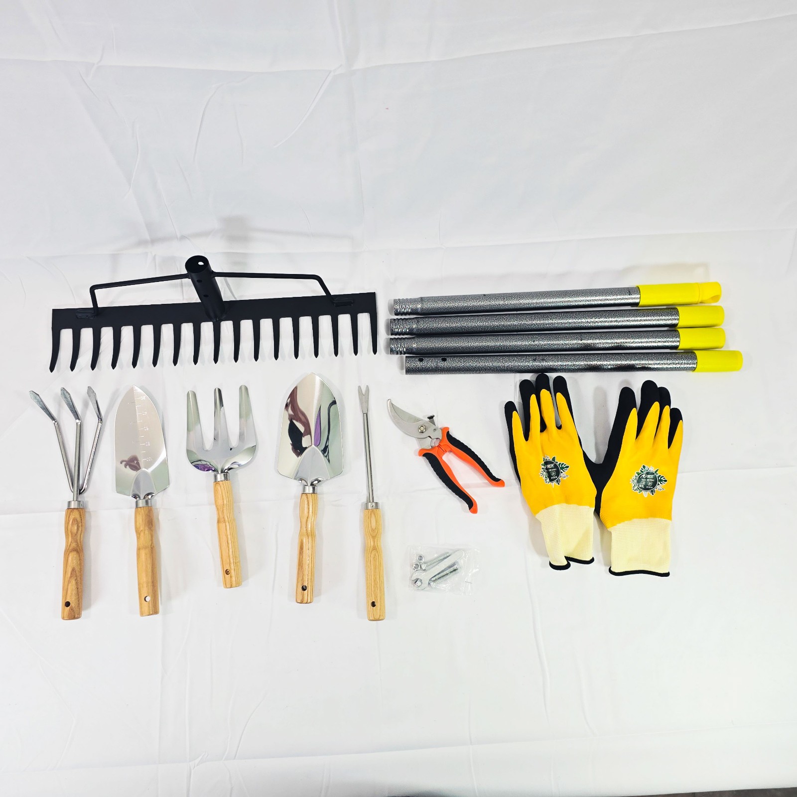 10Pc Garden Tool Set Wood Handle Kit Rake Trowel Weeder Pruners Gloves Yard Tool