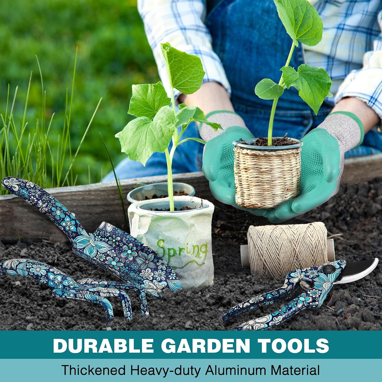 WORKPRO 5PC Garden Tool Set, Heavy Duty Aluminum, Floral Blue
