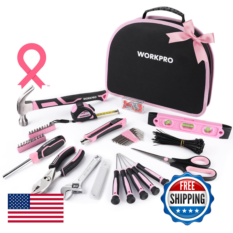 Workpro Pink Tool Kit – 236 Pieces Pink Tool Set Easy Carrying Round Pouch
