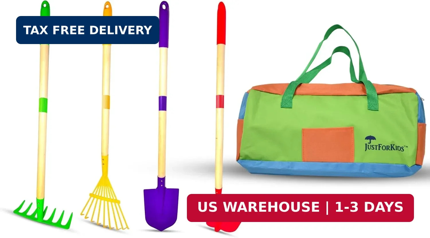 JustForKids Kids Garden Tool Set,detatchble, Portable 4-Piece Multicolored Set f