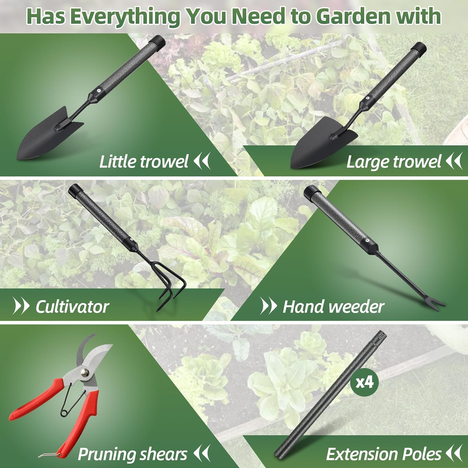 Garden Tool Set, 5Pcs Garden Tools with Extensions, Heavy Duty Rustproof Metal G