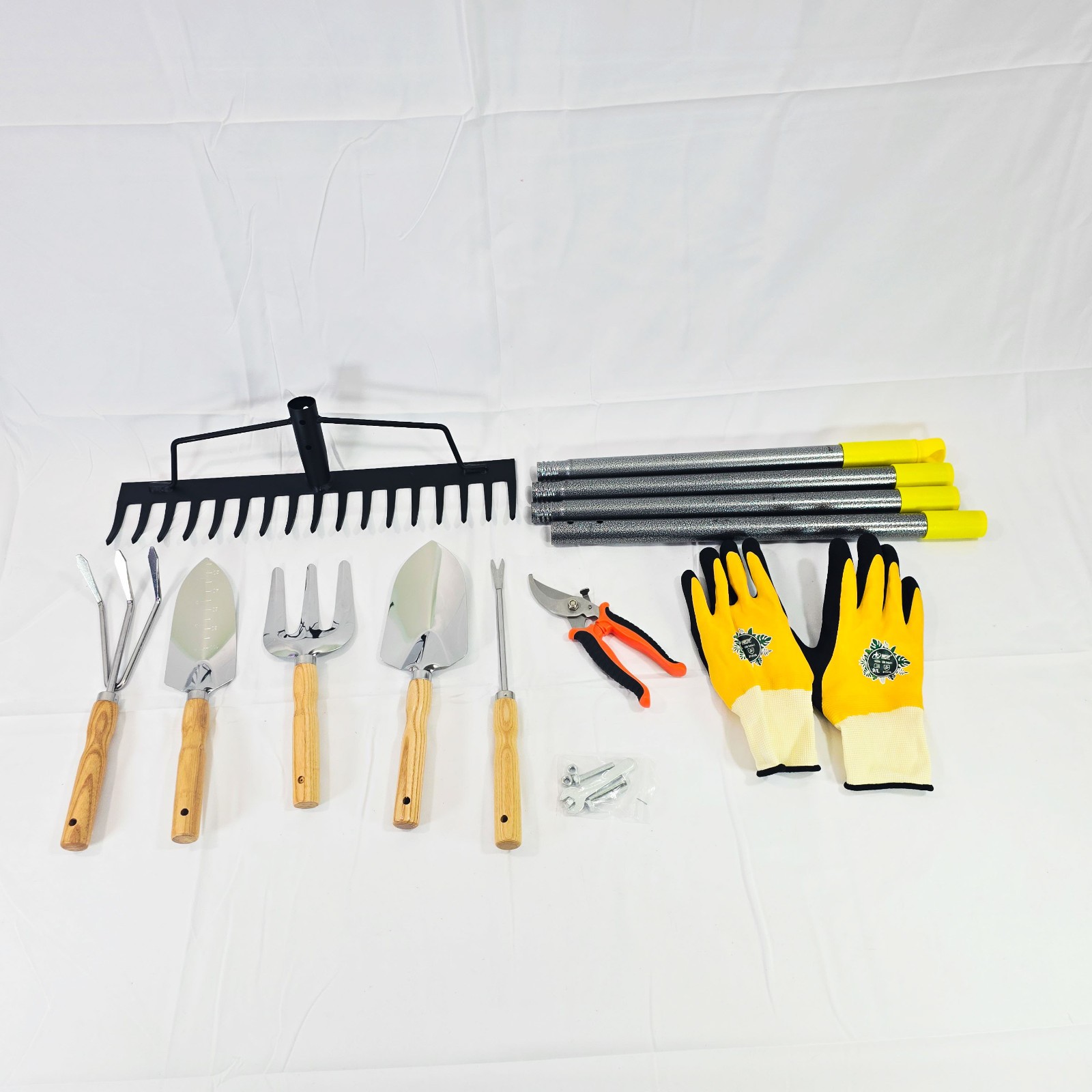 10Pc Garden Tool Set Wood Handle Kit Rake Trowel Weeder Pruners Gloves Yard Tool