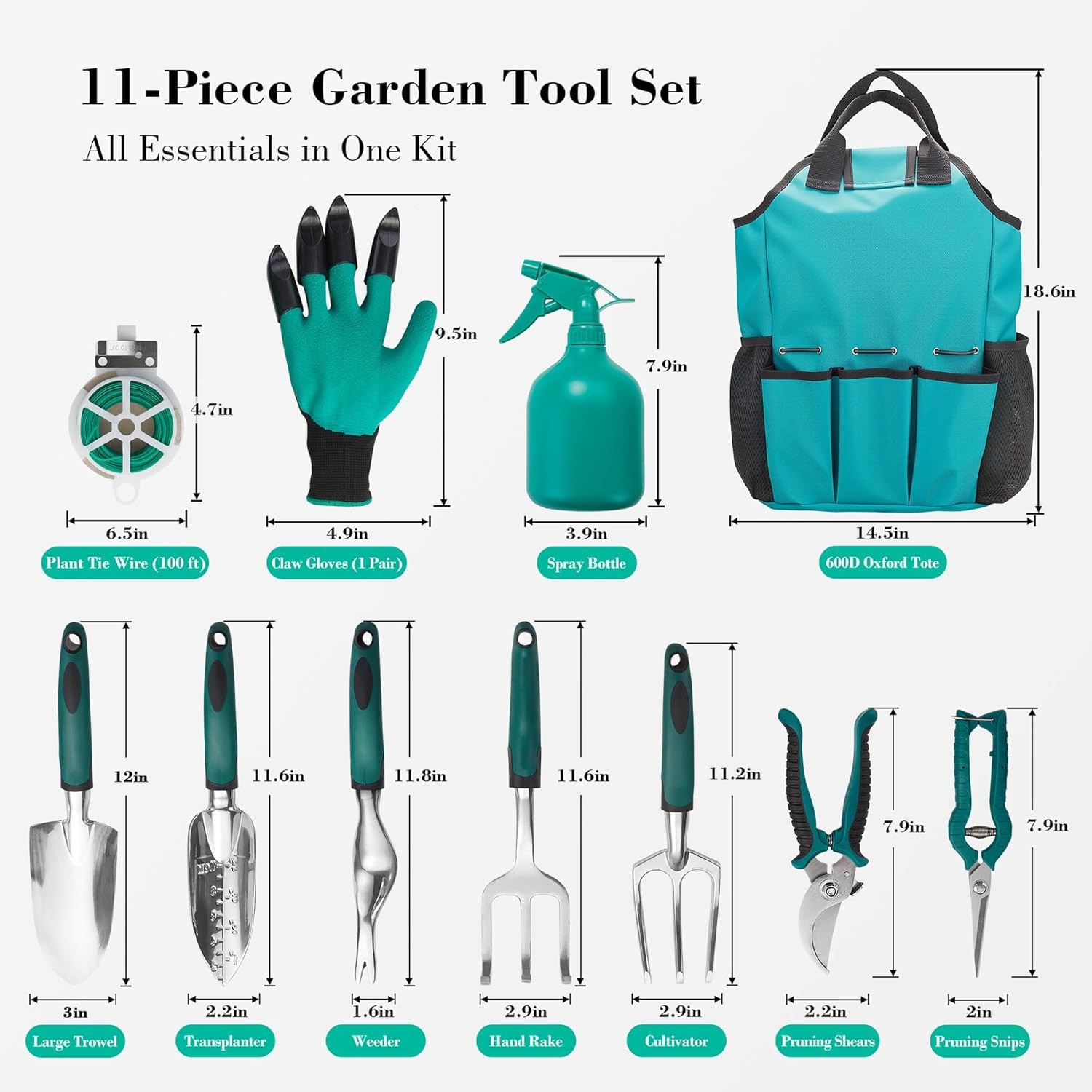 Garden Tool Set, 11 Piece Aluminum Alloy Hand Tool Starter Kit with Garden Bag,