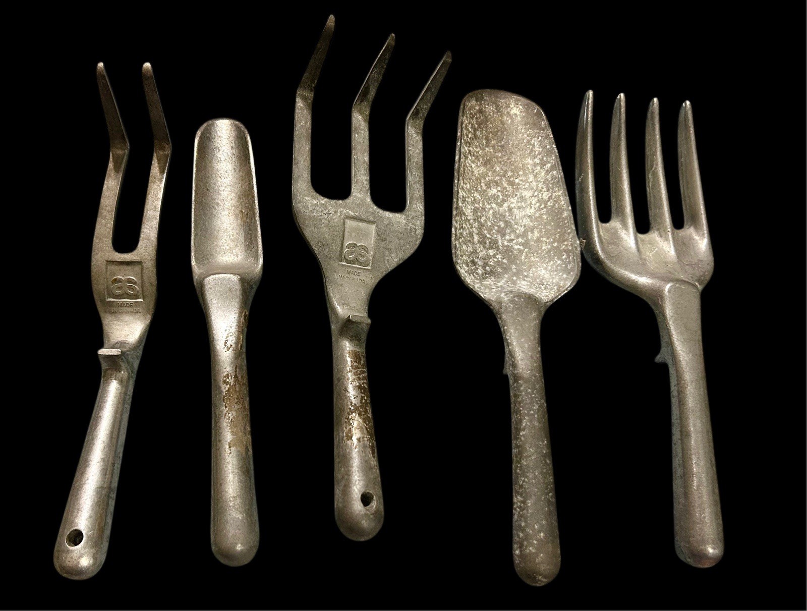 Vintage ES Canada Cast Aluminum Garden Tool Set 5 Piece Cultivators & Trowels