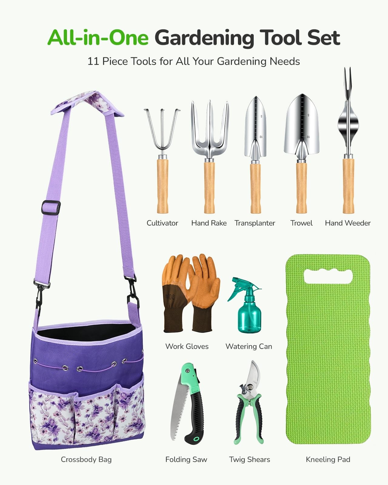 Grenebo Gardening Tools Set, 11-Piece Rust-Proof Kit with Bag, Purple