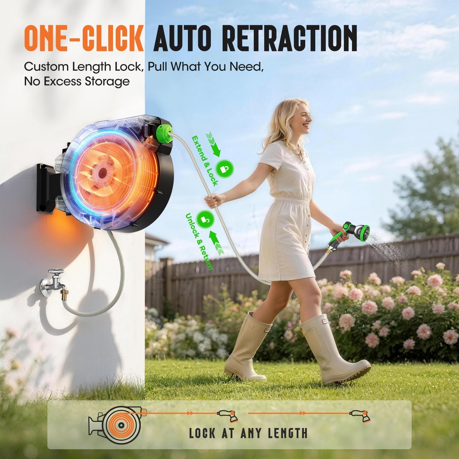 Retractable Garden Hose Reel 1/2″ x 100ft, Wall Mounted Water Hose Reel with …