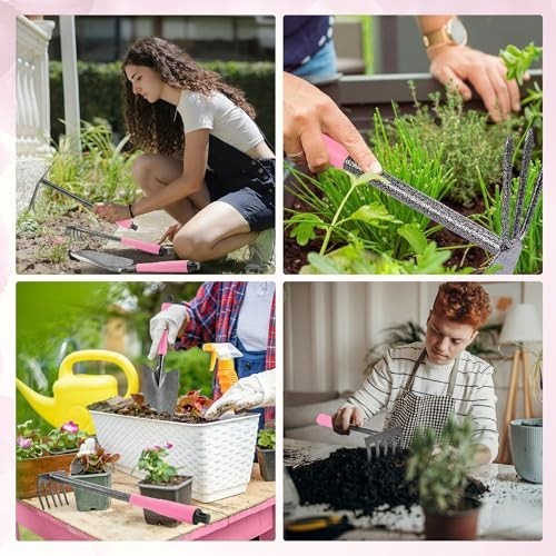 6-Piece Pink Gardening Tool Set – Heavy Duty Hand Tools with Soft Grip, Trowel,