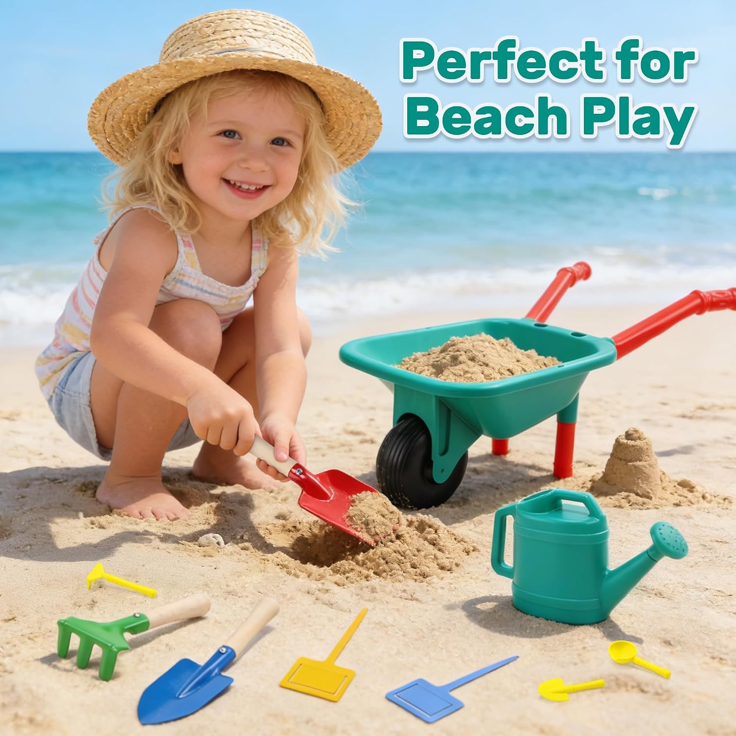 Kids Gardening Set Plant Growing Kit W/ Wheelbarrow 3 Metal Garden Tools & Kids