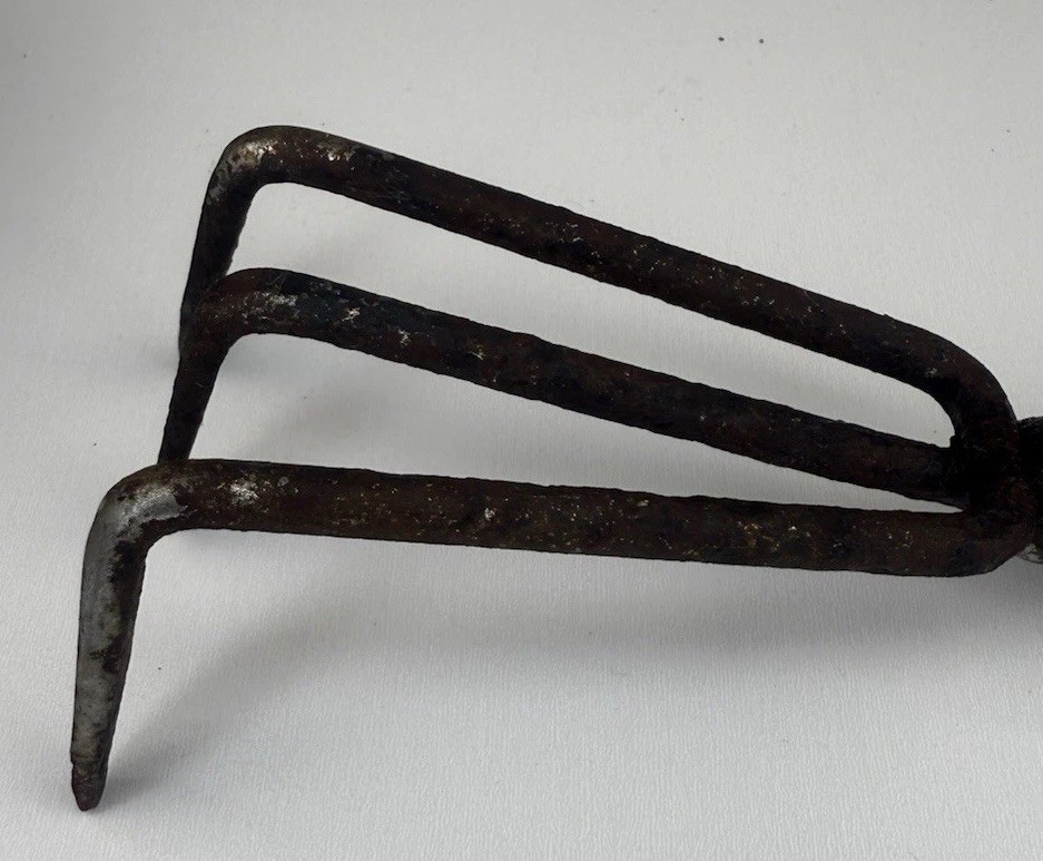 Vintage 3-Tine Garden Hand Cultivator Red Plastic Handle Rusty Steel