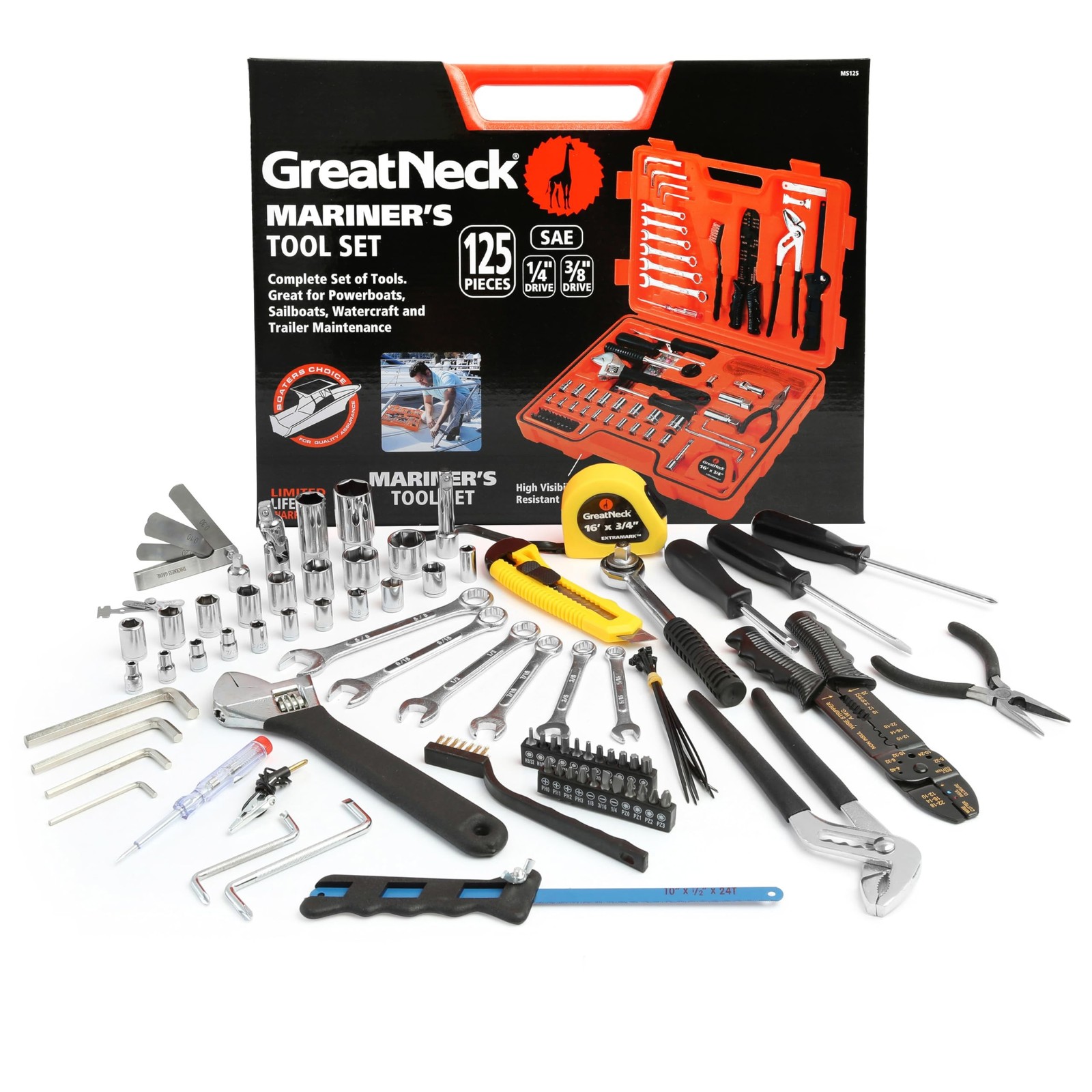 Great Neck 125-Pc Marine Tool Set with Water-Resistant Boat Tool Box 125 Piece