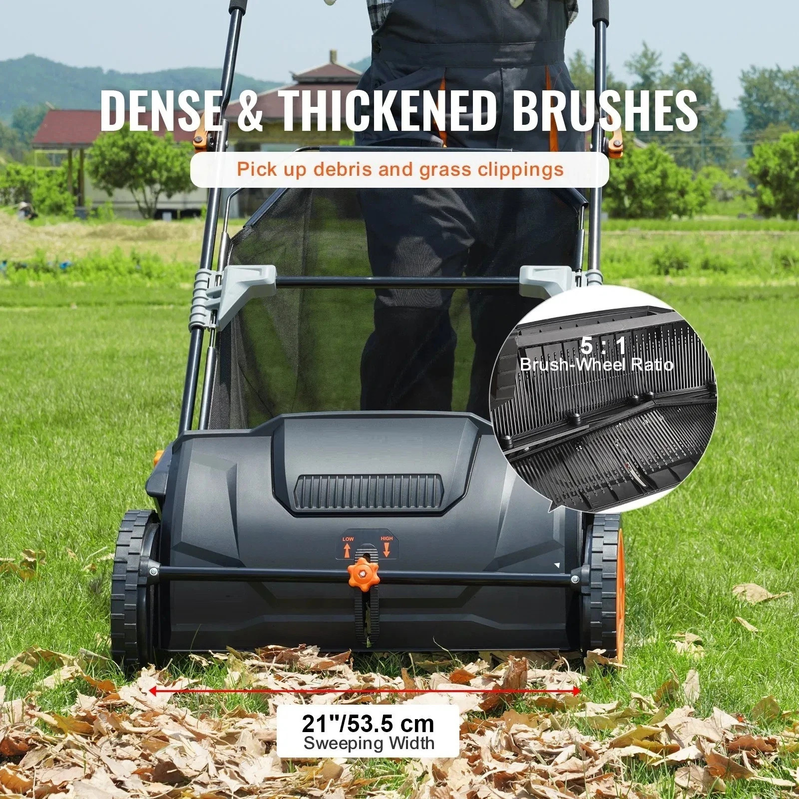 Push Lawn Sweeper, 21inch Leaf & Grass Collector, Strong Plastic Wheels & Heavy