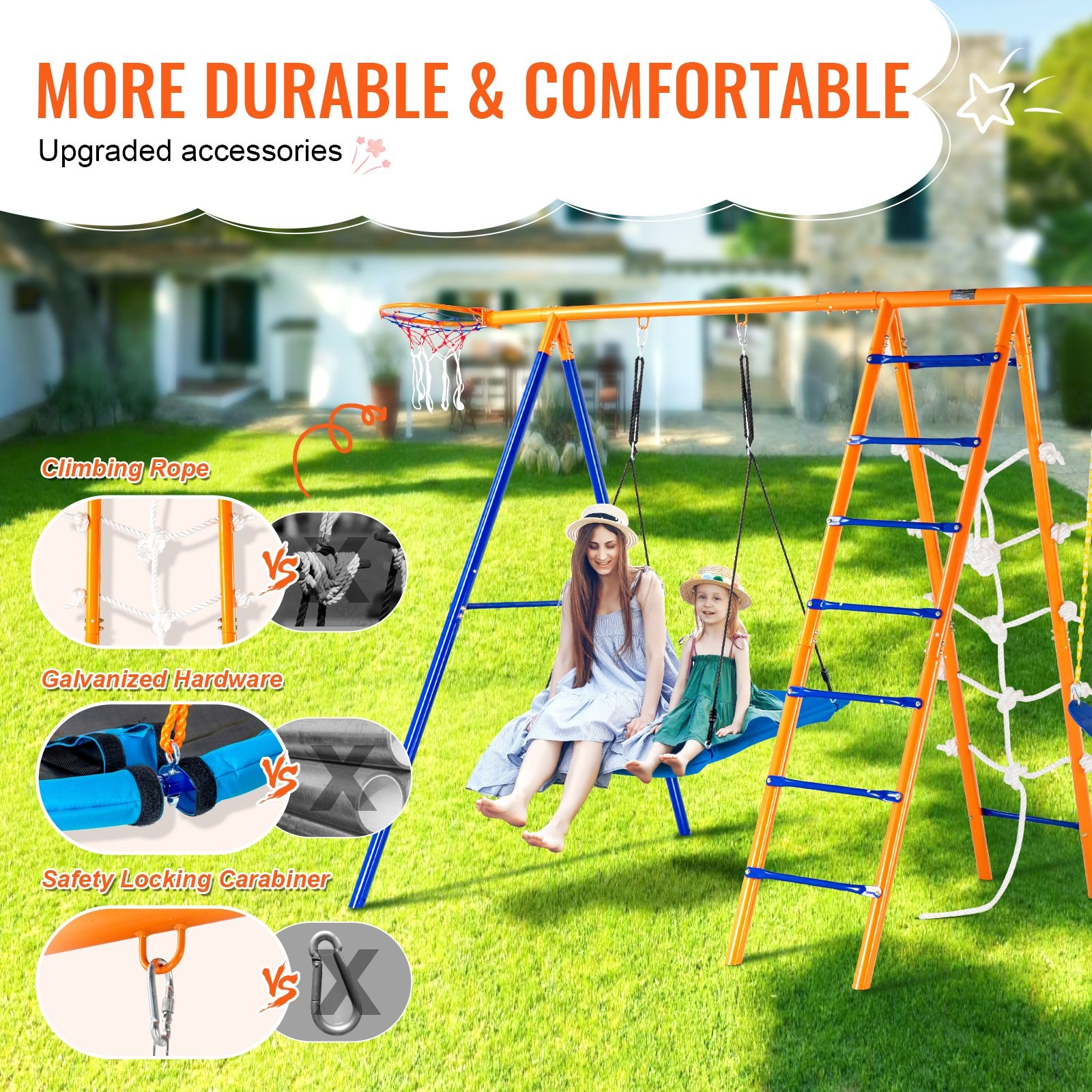 Swing Sets for Backyard,6 in 1 Swing Set with 2 Swings,Trapeze Bar,Climbing Ladd