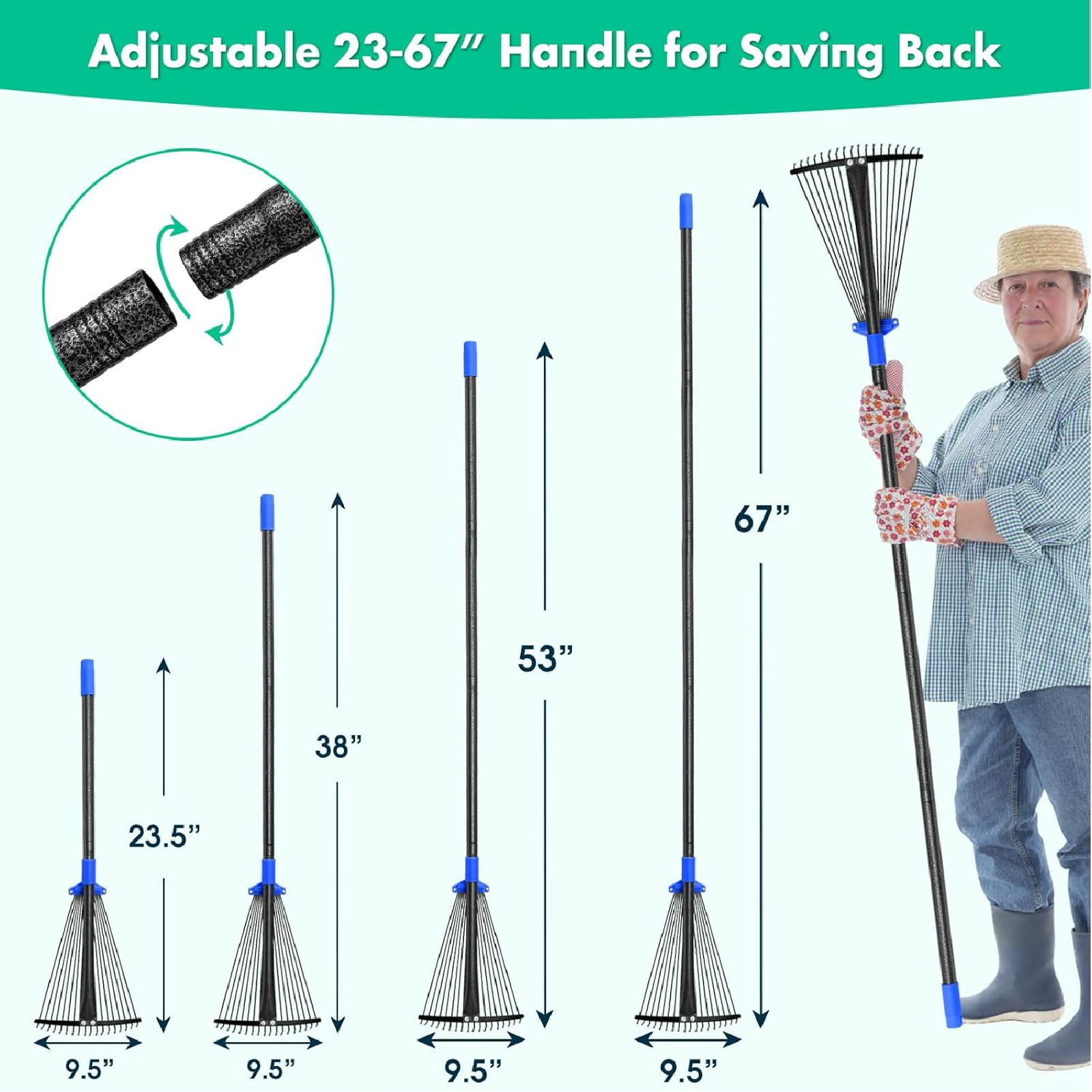Rake for Yard Lawn Shrub tree Leaves 18 Metal Tine 9″~17″ W x 60~82″ Long handle